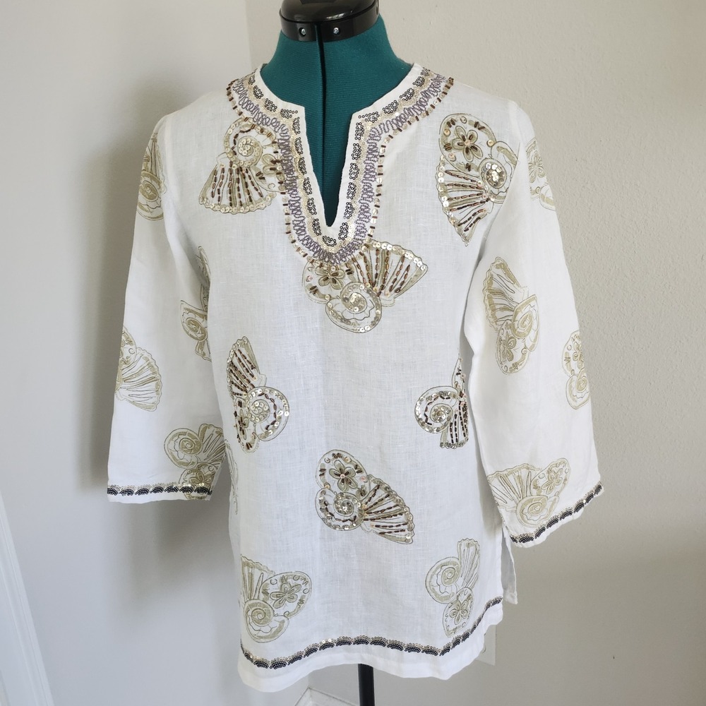 Lulu B Tunic Womens S White Linen Sequin Seashell Coastal Resort